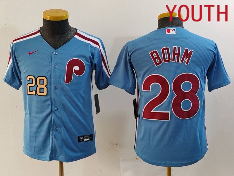 Youth Philadelphia Phillies #28 Bohm Blue Throwback 2024 Nike MLB Jersey style 2